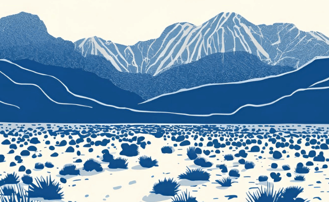 Graphic of mountain range and path through desert